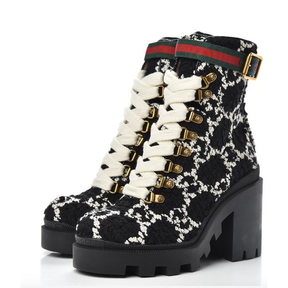 Gucci Tweed GG Monogram Lace Up Combat Ankle Boots - Picture 1 of 15